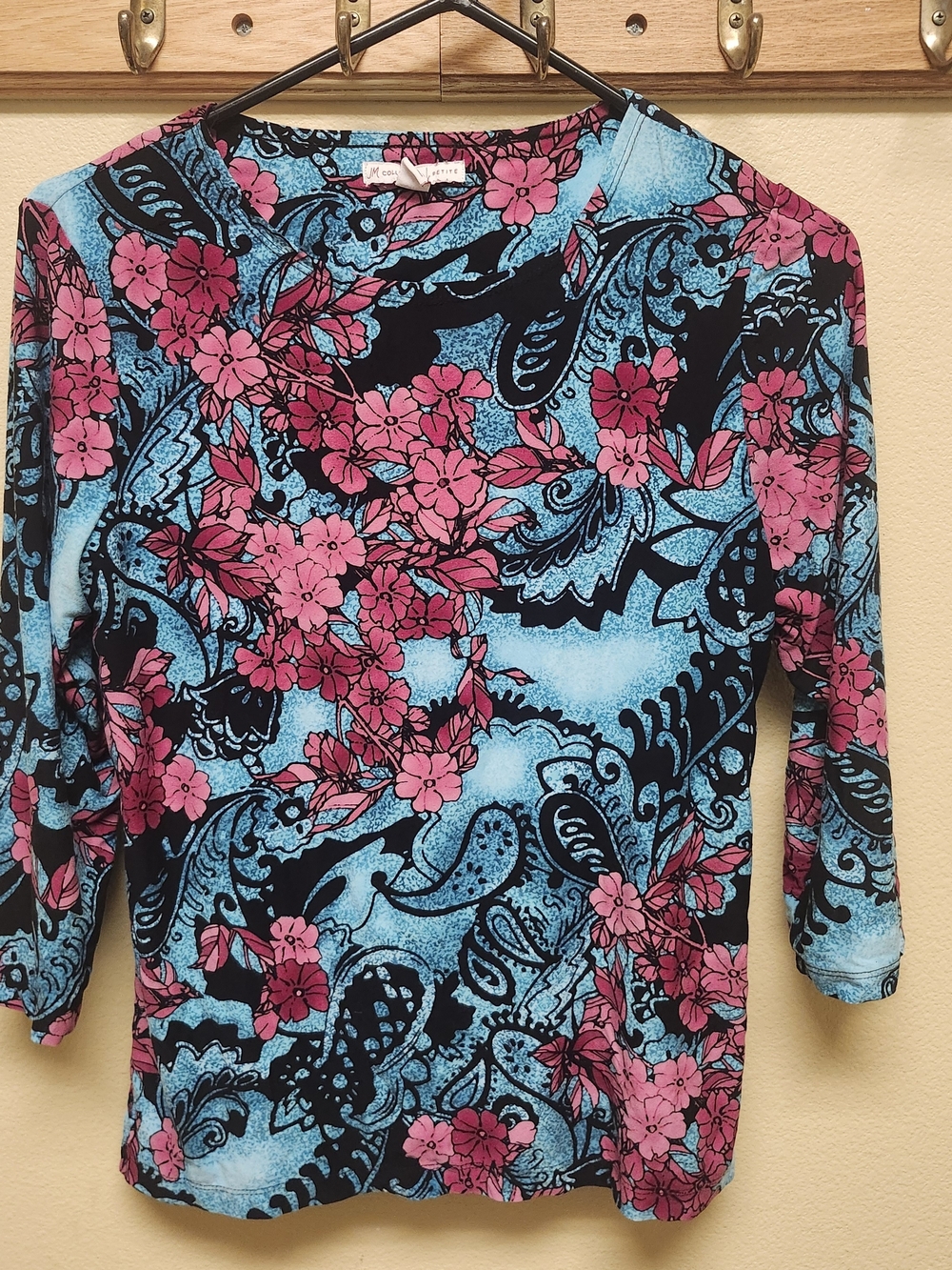 JM Collection Floral Long Sleeve Top in Blue & Pink
